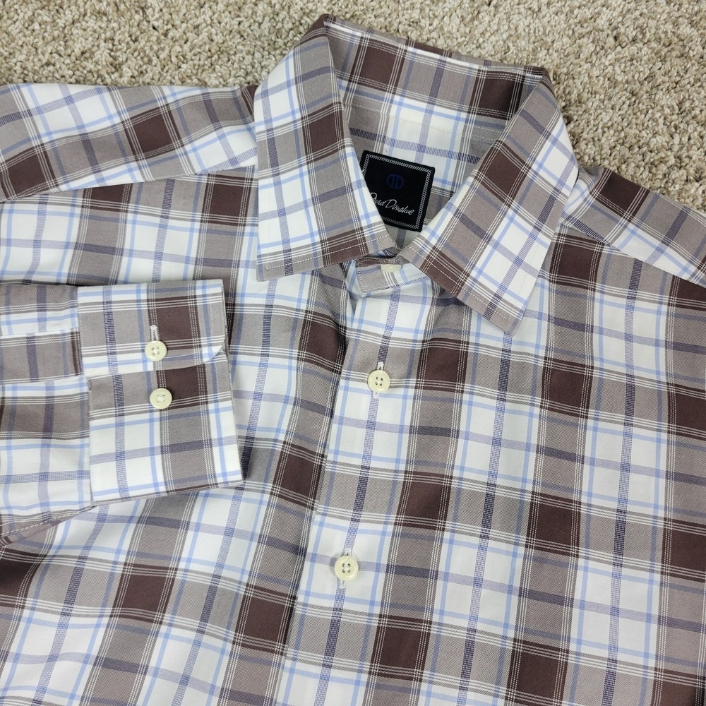 David Donahue Mens XL Brown White Plaid Button Up Long Sleeve